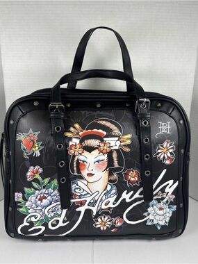 Ed Hardy Black Satchel with Colorful Geisha & Floral Graphics